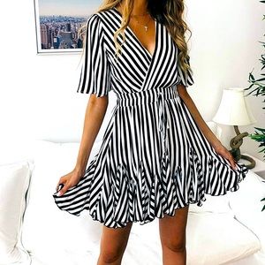 Short Sleeve Striped Wrap Ruffle Mini Dress